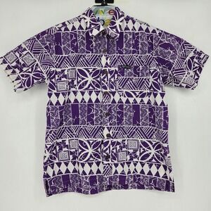 Tanoa Samoa Shirt Mens Large Hawaiian Short Sleeve Geometric Tribal‎ Tiki Purple